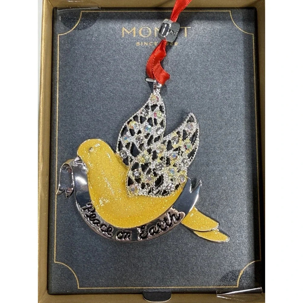 MONET Peace On Earth Dove Christmas Ornament in Box Rhinestone Enamel Silver